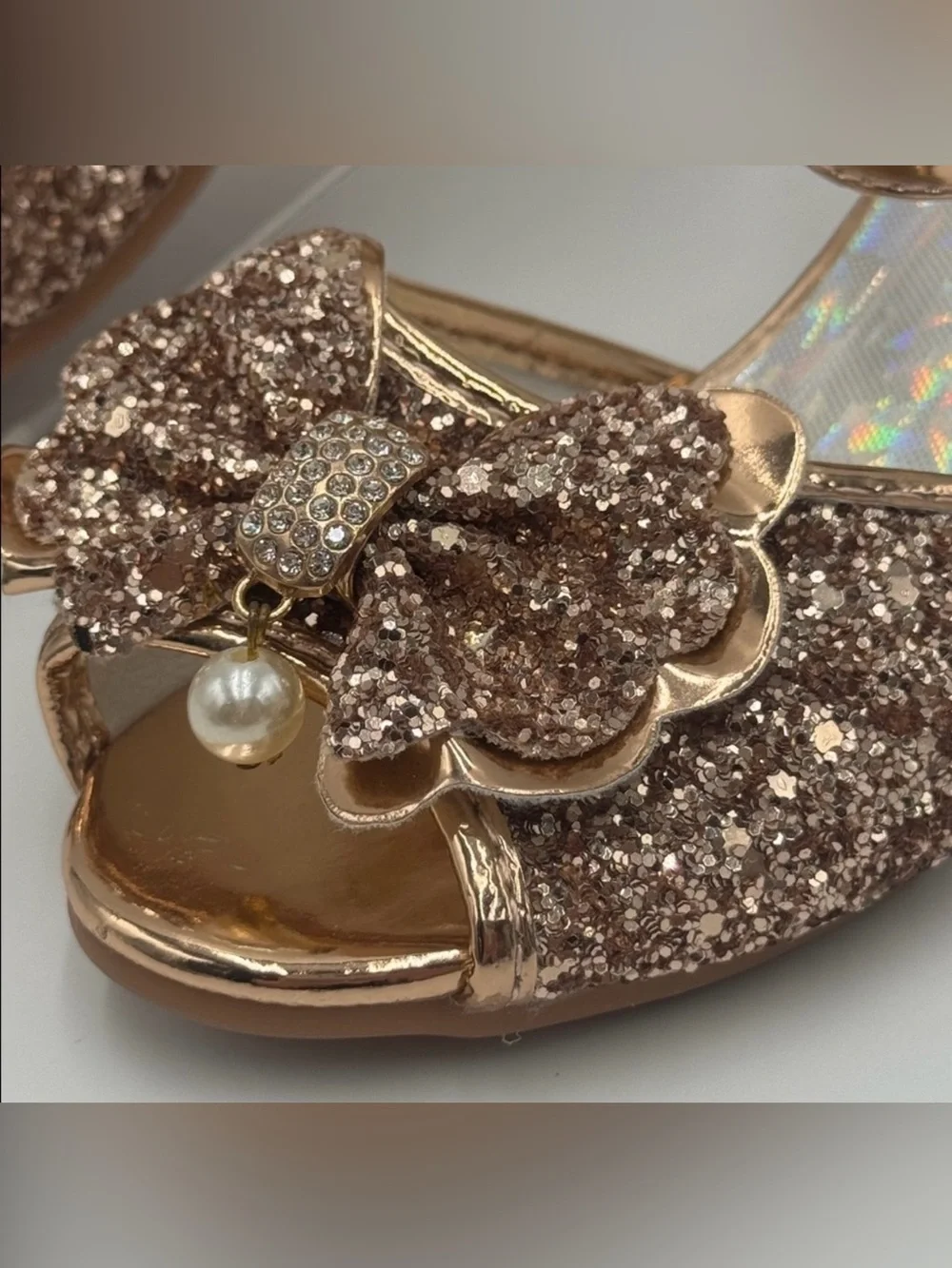 Girls Rose Gold Glitter Bow Dress Sandals with Pearl Accent Size 13
